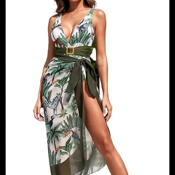 IDOPIP Tropical Print Green and Beige SWIMSUIT with sarong. - Picture 15 of 16